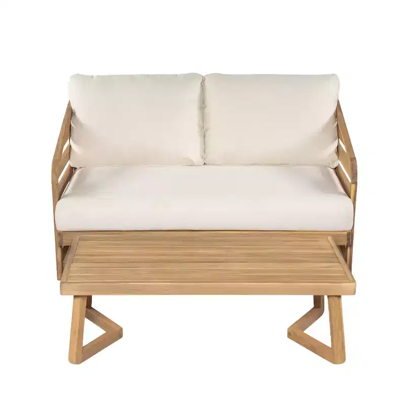 Christopher Knight Home Yantic Modern Outdoor Acacia Wood Loveseat and Coffee Table Chat Set with Water-Resistant Cushion