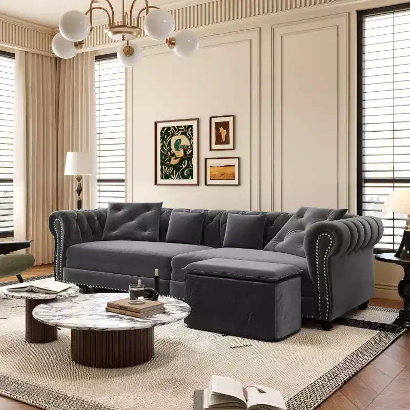 3-in-1 Pull-Out Sofa Bed, King Size Convertible Sleeper Sofa with Chaise & Movable Ottoman, Velvet Tufted 3-Seater Couch, Charcoal Gray