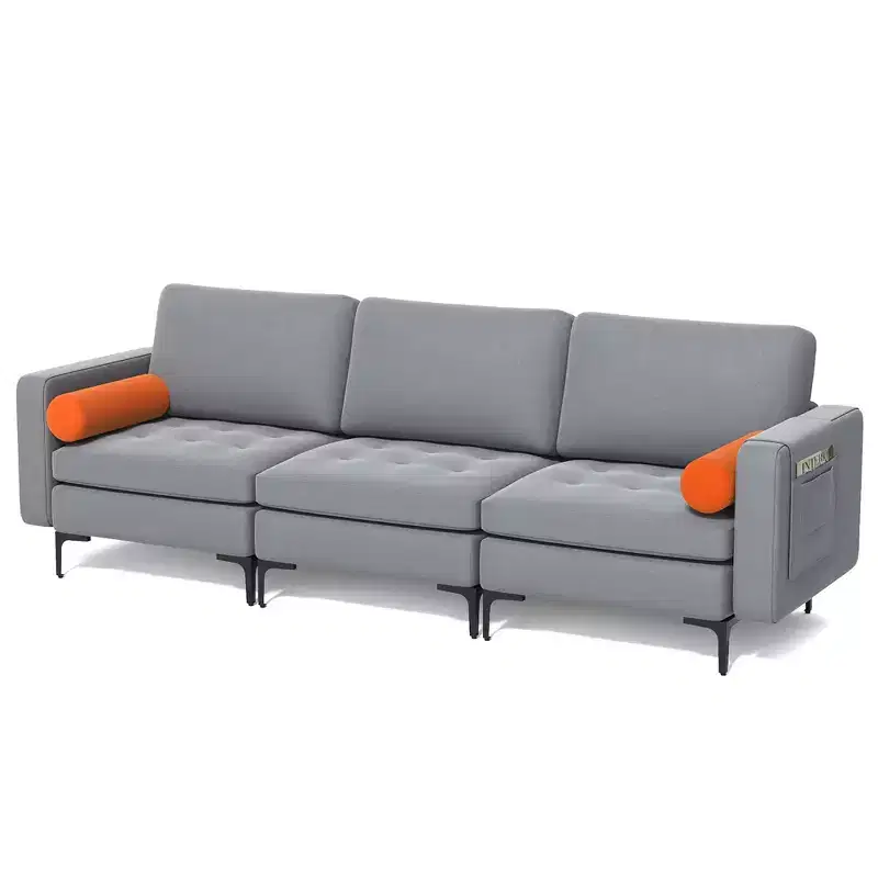 Modern Modular 3-Seat Sofa Couch – Ash Grey, Side Pocket, Metal Legs, 660 lb/Seat