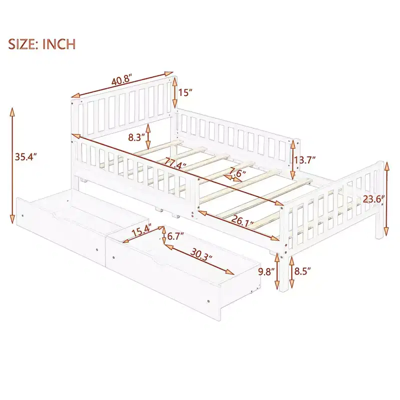 Twin Platform Bed with Storage Drawers and Guardrails, Platform Bed for Small Room
