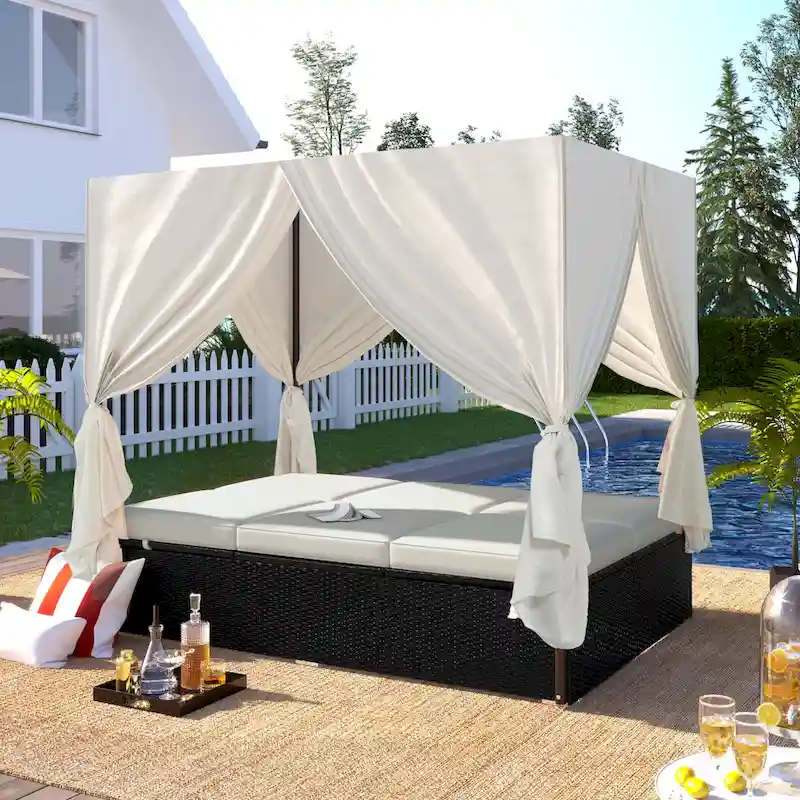 Outdoor Patio Wicker Sunbed Daybed with Cushions and Adjustable Seats