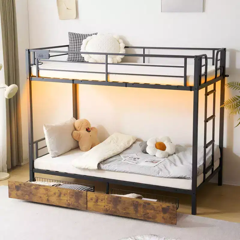 Twin - over - Twin Metal Bunk Bed with 2 Drawers and Charging Station, LED Light, Black