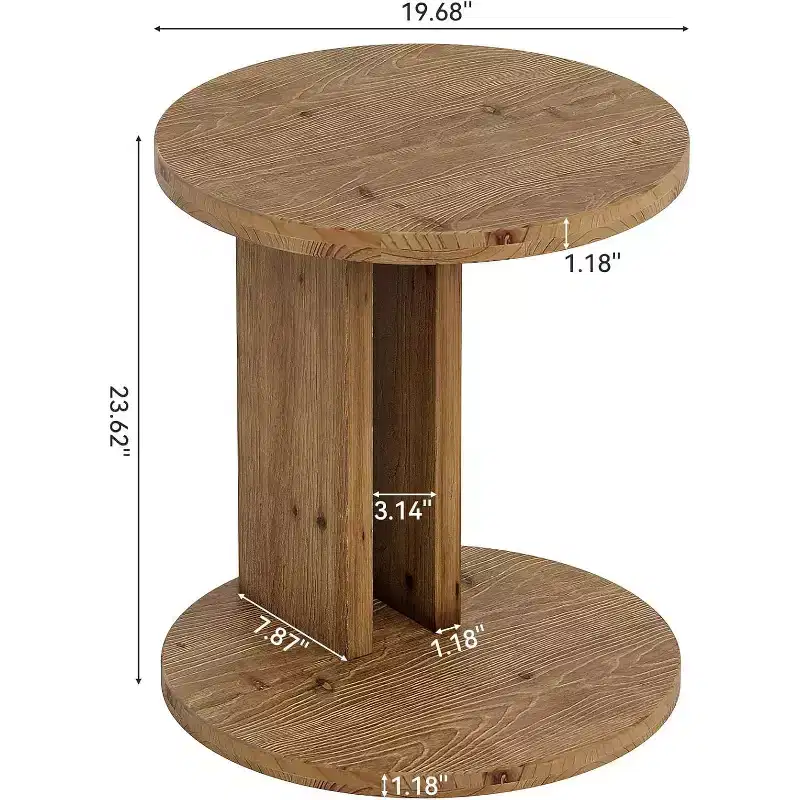 C-Shaped Solid Wood Round End Table, Accent Side Table for Sofa and Bedside, Living Room, Bedroom, Brown, Easy Assembly