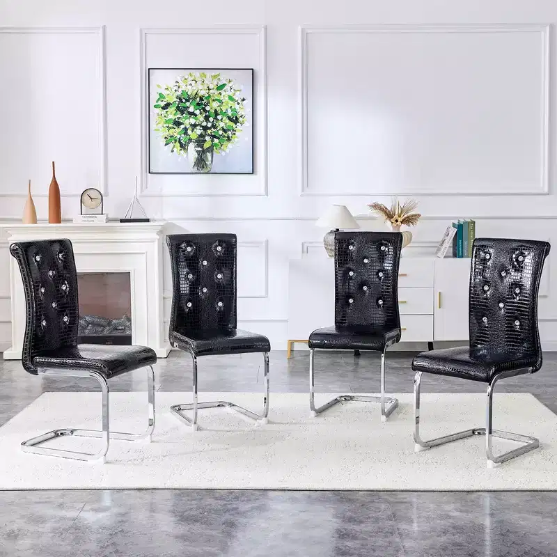 Set of 4 Retro Upholstered Dining Chairs with Alligator Skin Pattern and Crystal Buckle Details, Electroplated Metal Legs