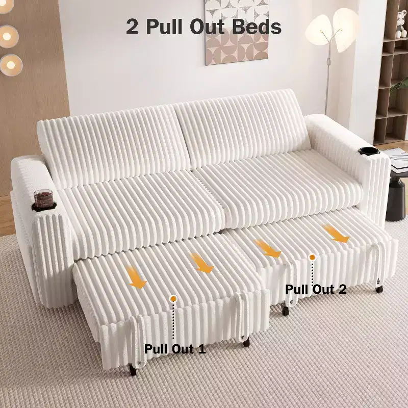 91'' Sectional Sleeper Sofa Bed with Pull Out Bed, with Reclining Backrest/Two Pull Out Beds/USB Ports/Cup Holders, Plush Corduroy