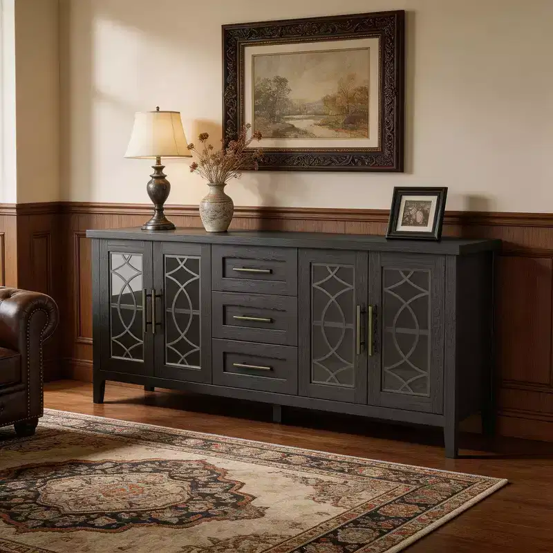 Modern TV Stand for TVs up to 70, 63 Long Entertainment Center with Glass Door & 3 Drawer, Wooden TV Console Table for Living Room Bedroom