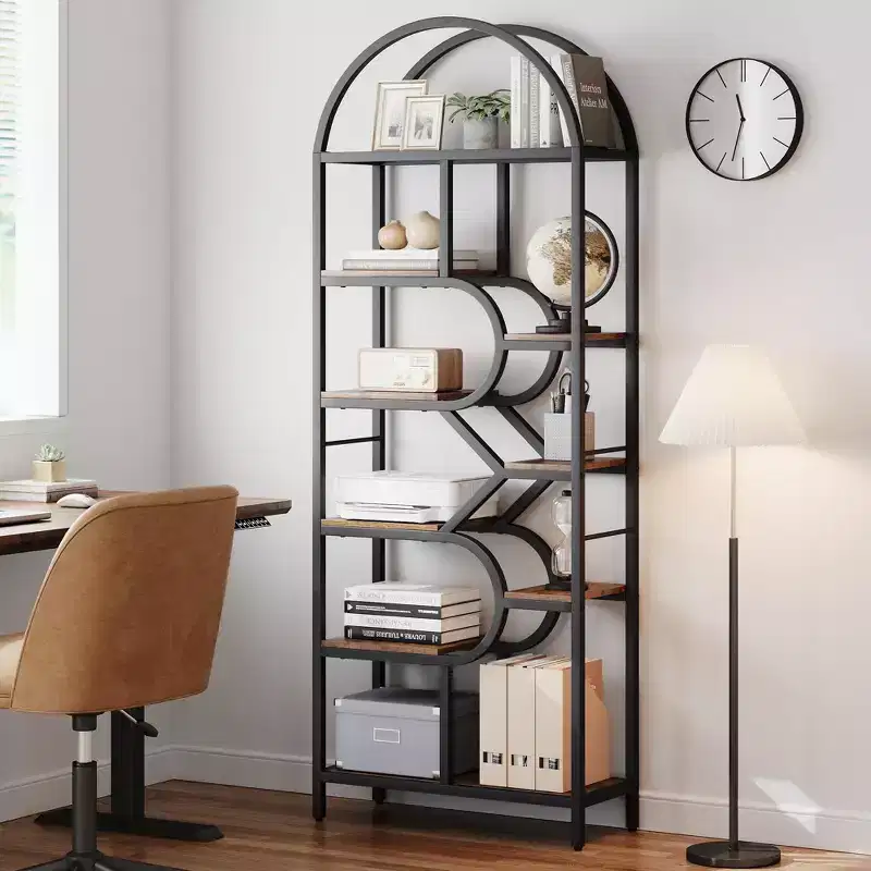 6 Tier Arched Bookcase, Geometric Bookshelf for Home & Office -,Modern Wood & Metal Bookcase with 35Lbs Capacity/Shelf, Open Storage Shelf for Bedroom