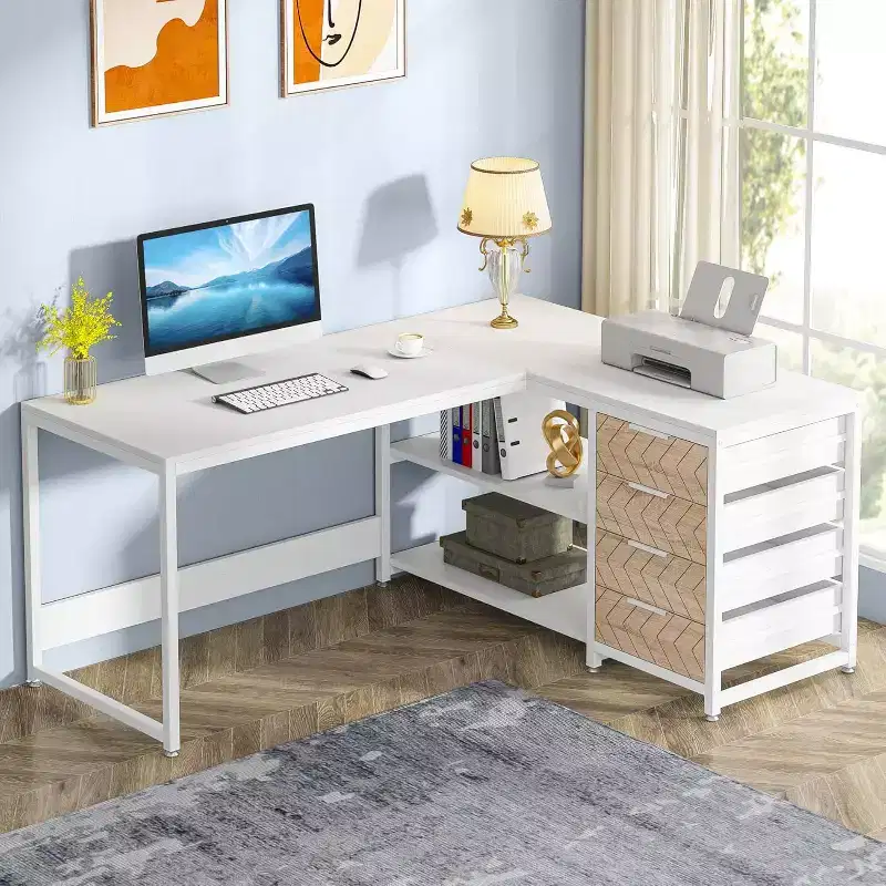 59-Inch L-Shaped Computer Desk with Storage Drawers and Shelves, Reversible Corner Desk for Home Office, White