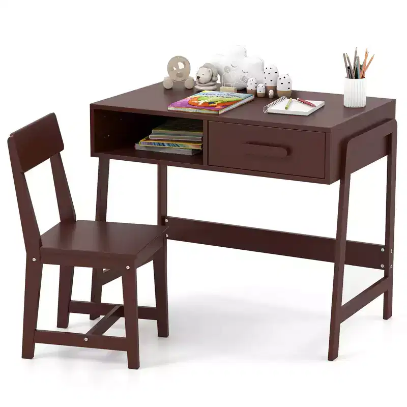 Kids Desk and Chair with Storage Drawer and Hutch, Student Writing Desk Brown/Pink/White/Black