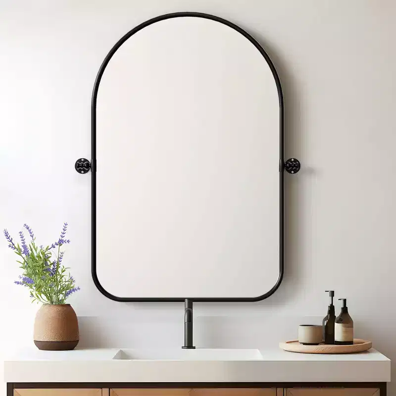 Black Rotatable Wall Mirror with Round Corner Arch-shaped Design, Iron Art Hardware