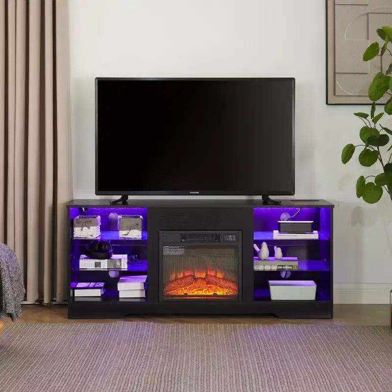 57.88-inch TV Stand with Glass Shelves, for TVs under 62 inches Lighted Wooden TV Cabinet with USB Charging Ports, Black