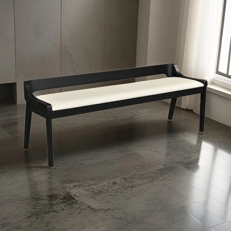 60 Inch Dining Bench, Black Rubberwood Frame, Low Back, Cushioned Seat