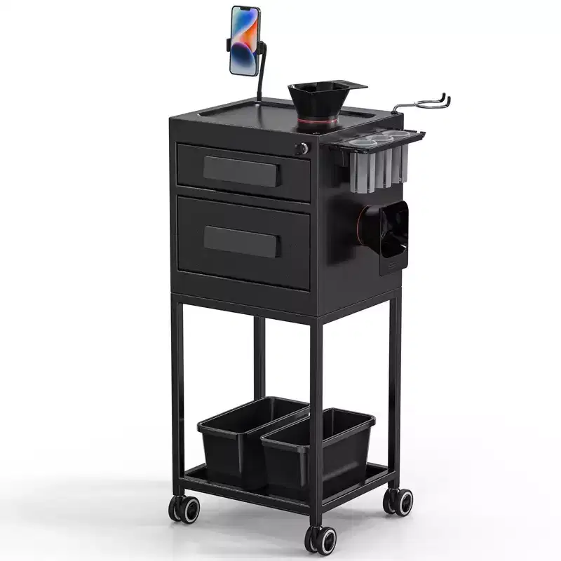 Black Metal Rolling Salon Trolley Cart with 2 Lockable Drawers, Single User