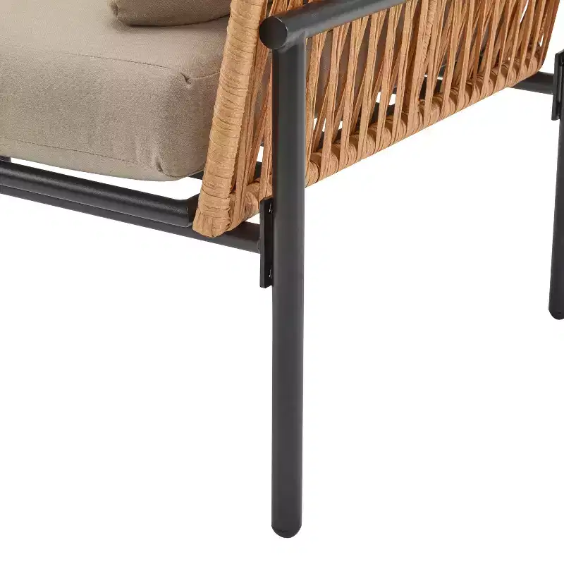 36W Patio Accent Chair Lounge Chair Arm Chair with Cushions, Pillows and Stylish Rope-Weave Design, Iron, Beige+Grey/Natural-ModernLuxe