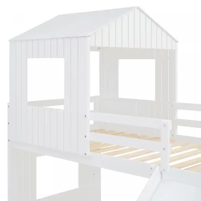 Twin Over Solid Wood Full Bunk Bed With Slide, Playhouse Design