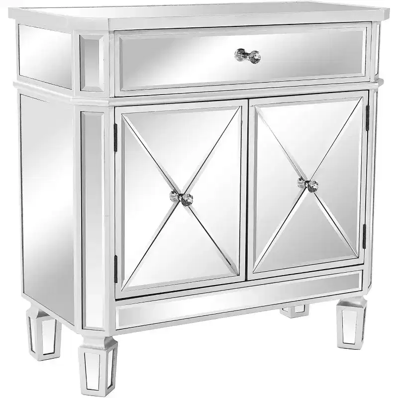 VINGLI Mirrored Cabinet, Mirrored Nightstand, Mirrored Dresser Accent Chest, Large Mirror Nightstand with 1 Drawer and Two Doors, Mirror