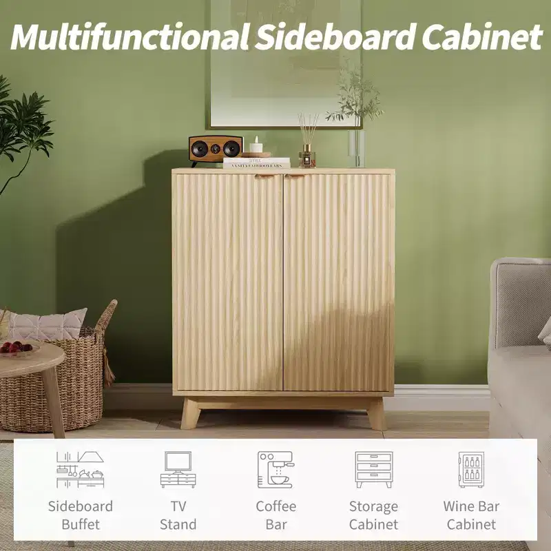 Fluted Sideboard Buffet Cabinet with Storage, Modern Storage Cabinet with 2 Doors and Adjustable Shelves Wood Color