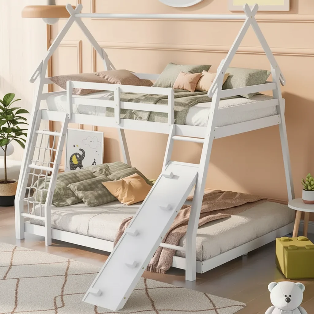 Twin Over Queen House Bunk Bed with Climbing Nets and Ramp