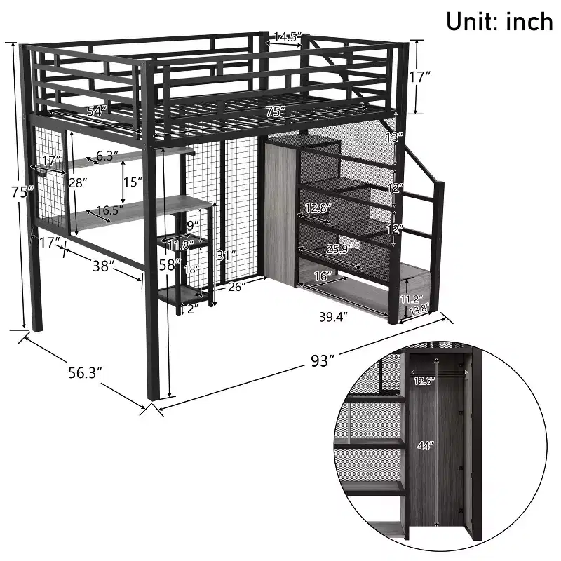 Full Size Loft Bed with Desk and Wardrobe, Heavy Duty Metal Bedframe with Wooden Storage Stairs and Shelves for Kids Teens