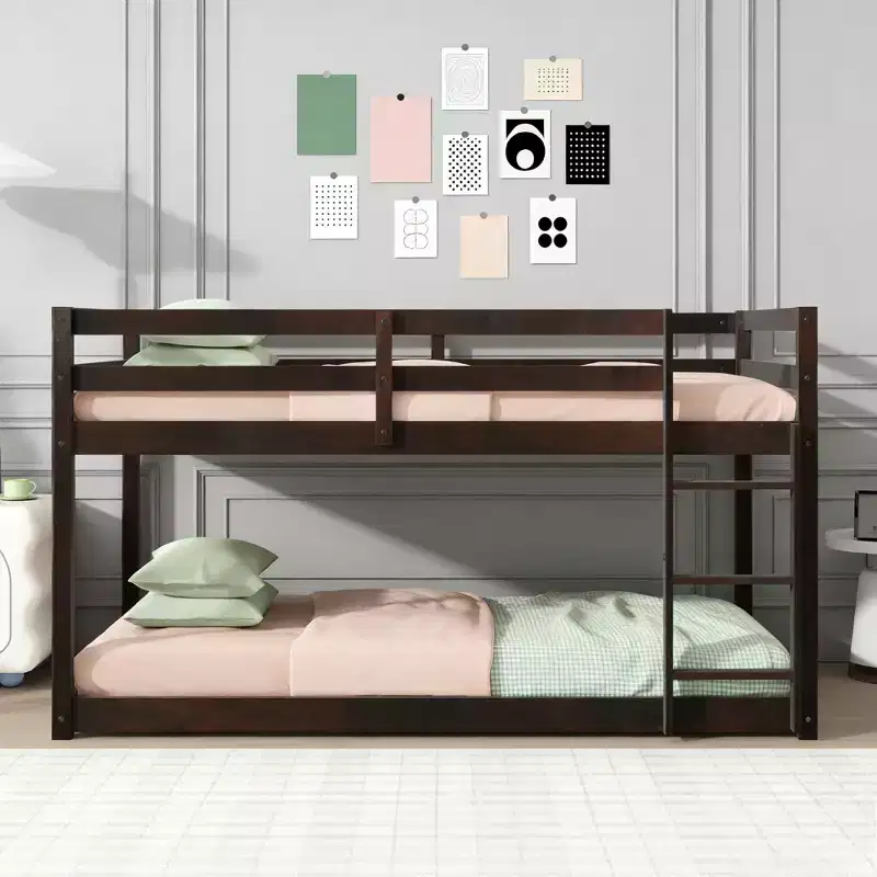 Twin Size Floor Bunk Bed with Ladder and Strengthened Slats for Kids Room