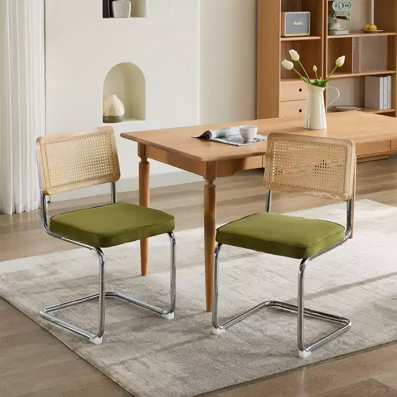 TUYOHW Modern Dining Chairs Set of 2,Accent Chairs with Natural Cane Back,Chrome Steel Base,Linen Upholstered Rattan Chairs for Dining Room