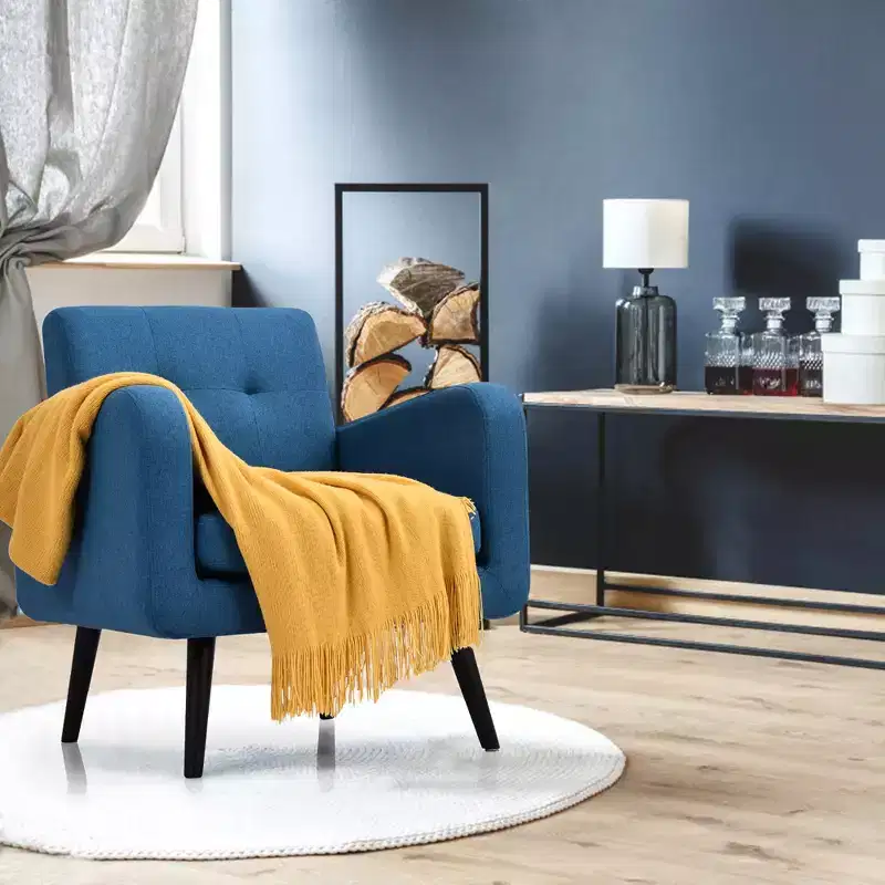Mid Century Accent Chair Fabric Arm Chair Single Sofa w/Rubber Wood Legs Blue\Grey