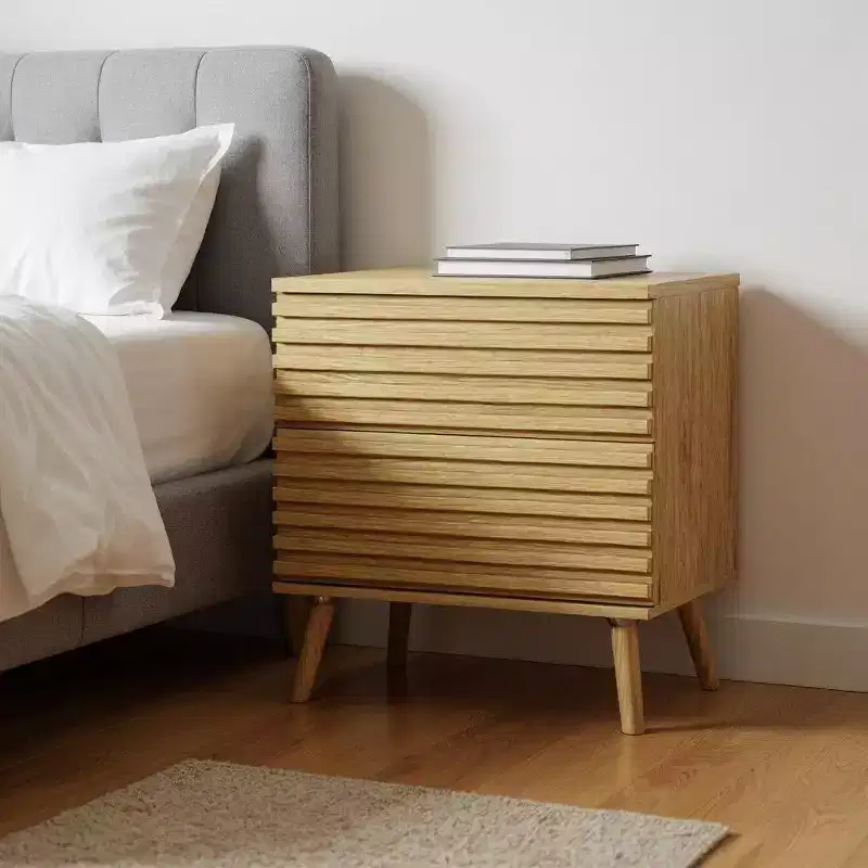HomeRoots 23 Natural Solid Wood Ribbed Texture Two Drawer Nightstand