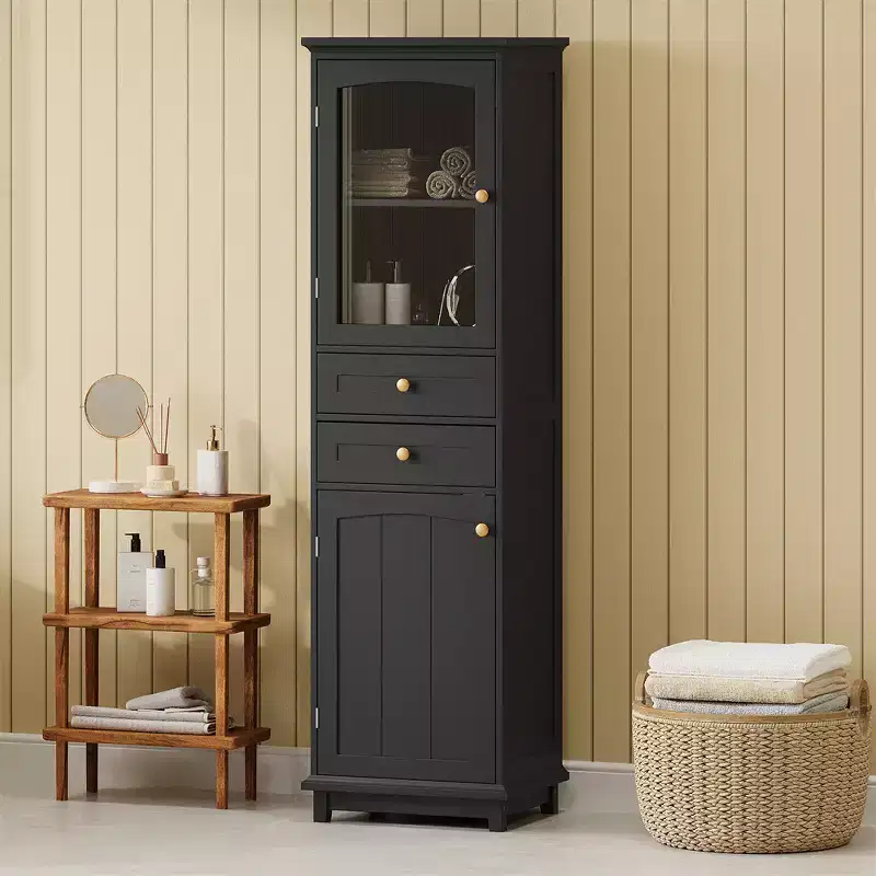 Bathroom Cabinet, Modern Tall Storage Cabinet With Glass Door, Freestanding Floor Cabinet With Adjustable Shelves & 2 Drawer