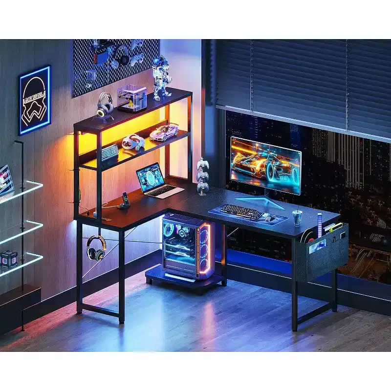 BALHAM TRADE-Gaming Desk with Power Outlets LED Lights 43 Inch Reversible with Shelves Storage Bag