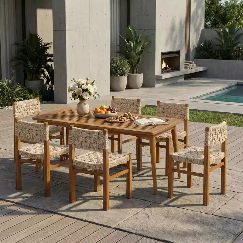 Christopher Knight Home Hailey 7 Piece Farmhouse Outdoor Acacia Wood Wicker Dining Chairs with Slatted Table