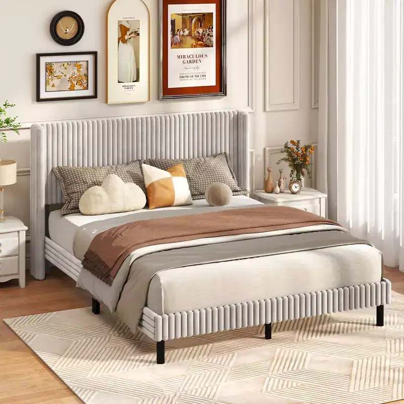 Queen Size Velvet Platform Bed with Wingback Headboard, No Box Spring Needed