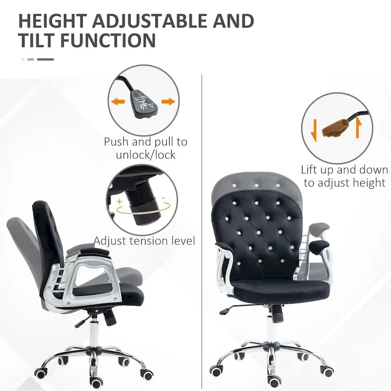 Vanity Middle Back Office Chair Tufted Backrest Swivel Rolling Wheels Task Chair with Height Adjustable Armrests