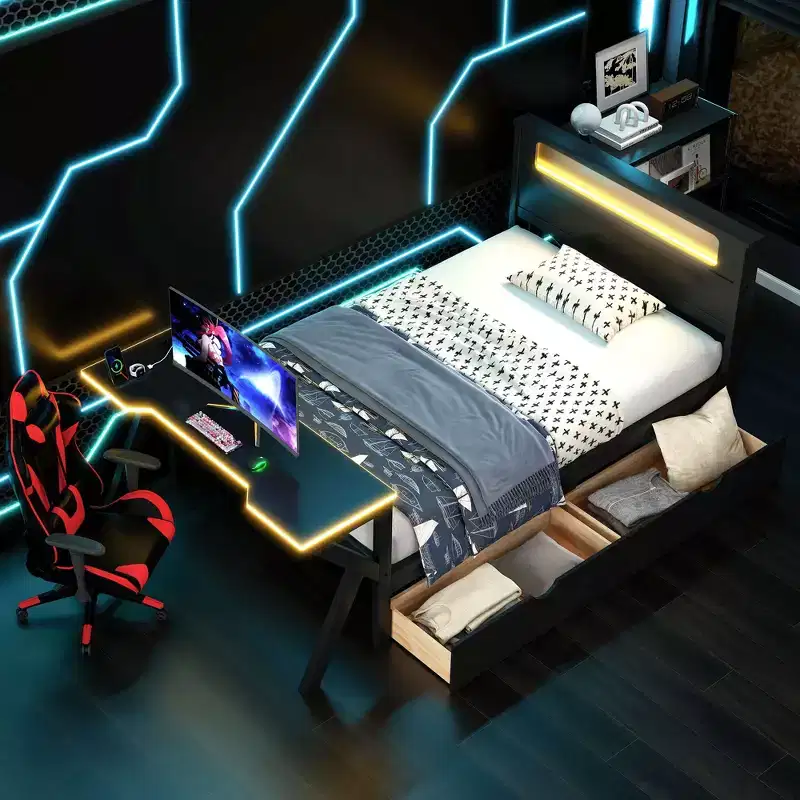 Twin/Full Size Gaming Platform Bed with LED Headboard and Desk, Solid Wood Bed Frame with Storage Drawers and USB for Gamers Adults