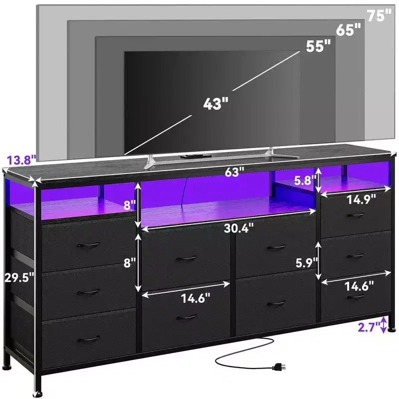 Black/Brown/Pink/White 10-Drawer Dresser TV Stand with LED & Power Outlet, 63.3