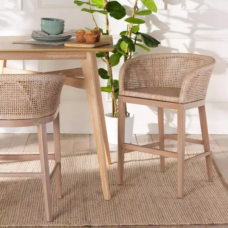 Papua Rattan and Mahogany Wood Counter Height Barstool Antique White Wash/Light Brown