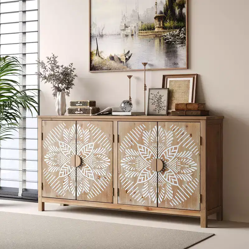 GDFStudio Andre Farmhouse Fir Wood 60.00'' Storage Console Cabinet with 4 Doors