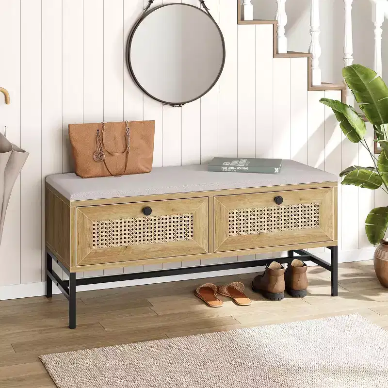 Rattan Shoe Bench with Storage Drawer and Linen Cushion, Wooden Entryway and Bedroom Bench, Natural Oak Finish