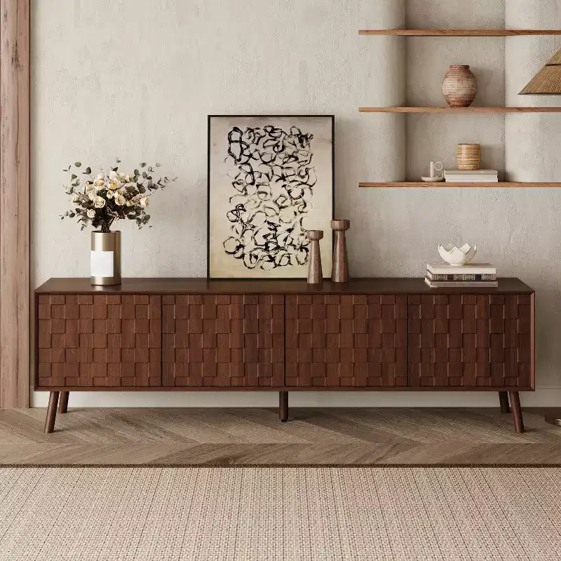 Modern TV Stand with Solid Wood Legs and Textured Square Pattern Doors, 70