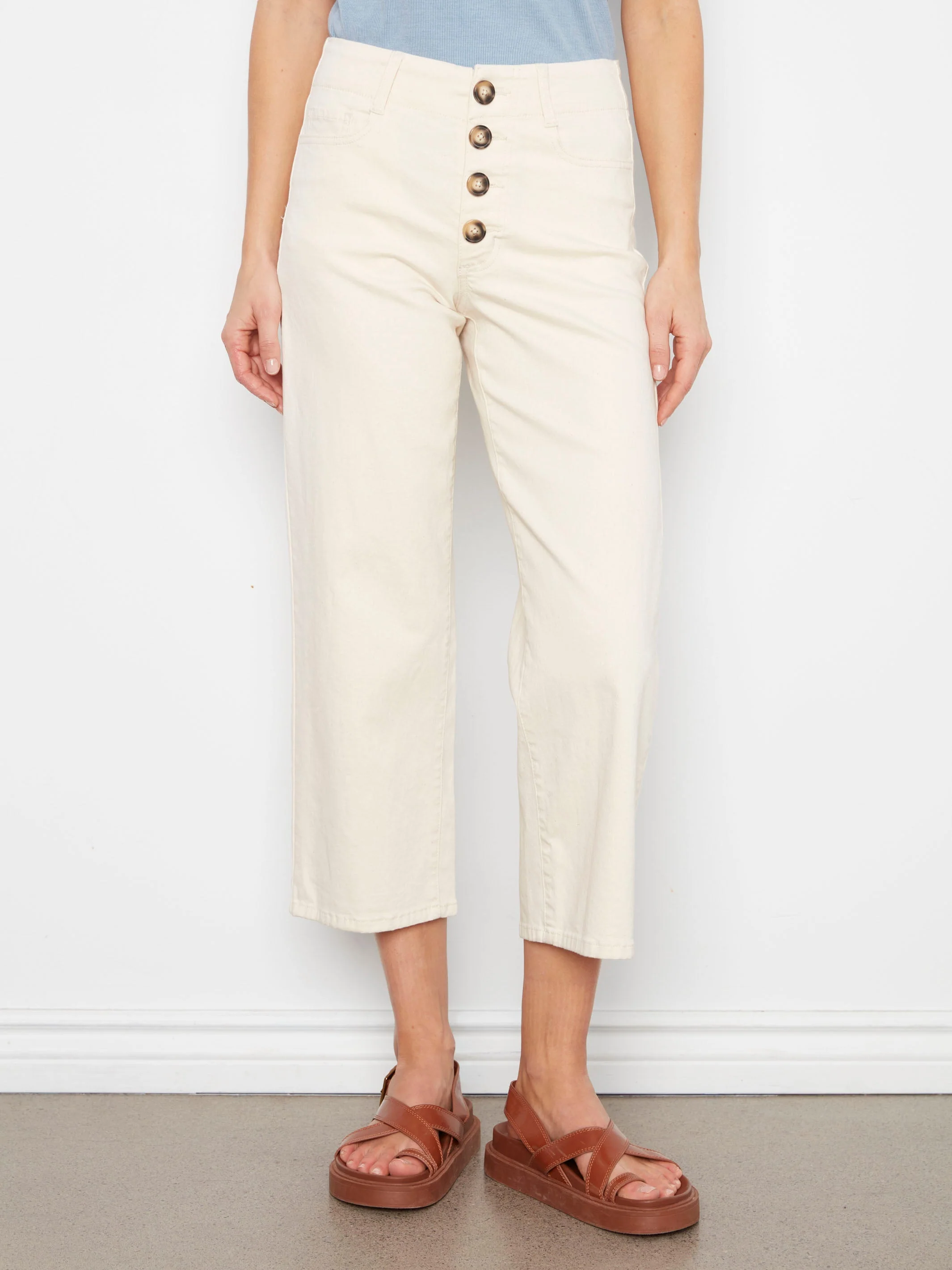 Front Button-Fly Crop Pants - Natural