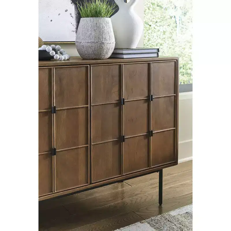 Signature Design by Ashley Juddins Accent Cabinet, Solid Mango Wood Storage Console with Carved Doors, Brown