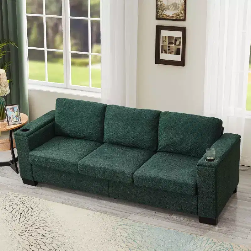 MAYEERTY 93.7 Modern Style Living Room Sofa Fabric Couch Square Arm Sofa with Cup Holder Upholstered Polyester Green