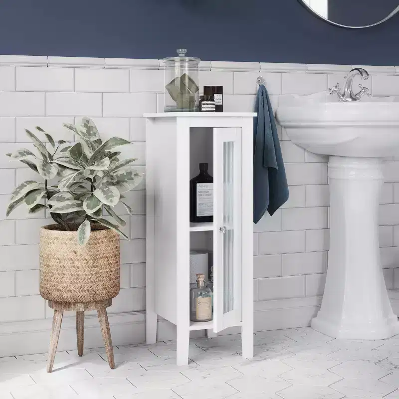 Single Door Narrow Bathroom and Laundry Storage Cabinet with Adjustable Shelves - White
