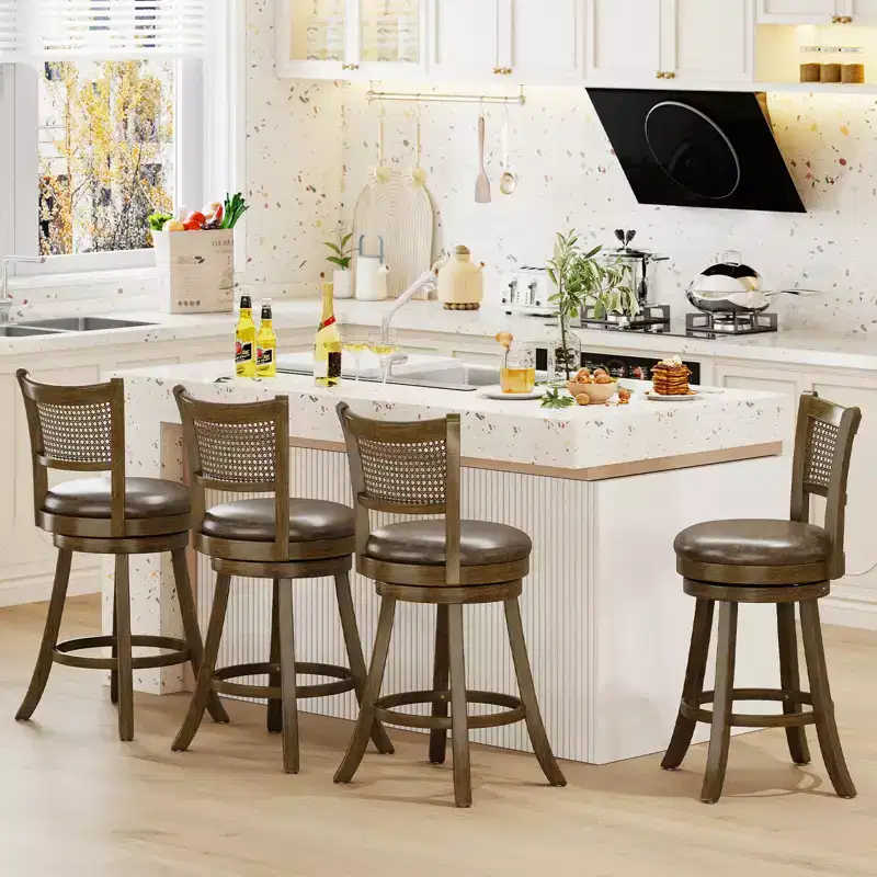 Bar Stools 25 Swivel Bar Chairs w/ PE Rattan Backrest Counter Height