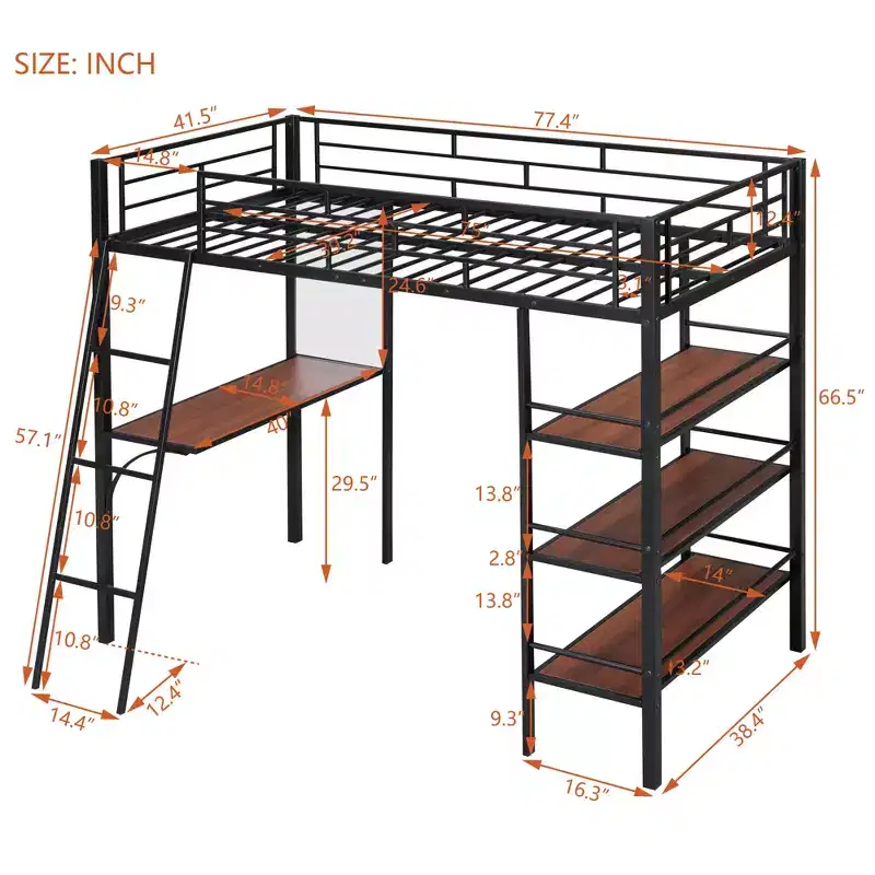 Twin Size Loft Metal Bed with 3 Layers of Shelves and Desk, Metal Frame Bed for Bedroom