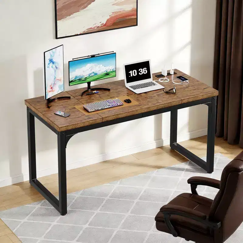 Computer Desk, 1.2 Thick Desktop, Heavy-Duty Metal Frame, Large Home Office & Gaming Desk, Rustic Brown