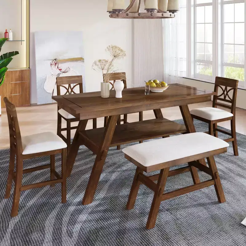 Whisen Rustic 6-Piece Counter Height Dining Table Set with Bench and 4 Upholstered Chairs