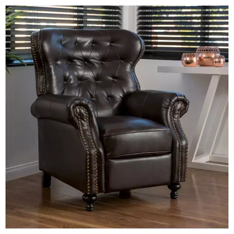 Bonded Leather Press-Back Recliner Club Chair Brown, Elegant Winged Back, Hardwood Frame
