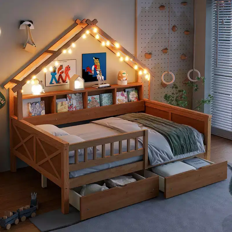 Full Size House Bed Frame with Drawers, House Platform Bed with LED Lights, Storage Shelves & Drawers, Wood Daybed with Roof and Guardrail