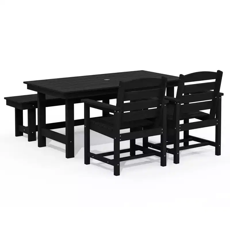 Hyleory Recycled HDPE 4pc Patio Dining Set - Rectangular Table & Umbrella Hole,Patio Dining Bench,2 Patio Armchairs
