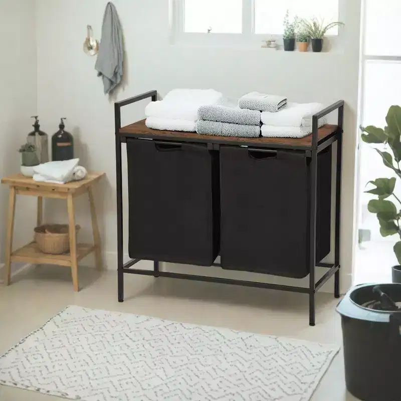 FurnitureR Laundry Hamper 2 Section with Shelf, 2-Bin Laundry Sorter with Removable Bags and Wooden Top, 28.74'' Wide Laundry Basket